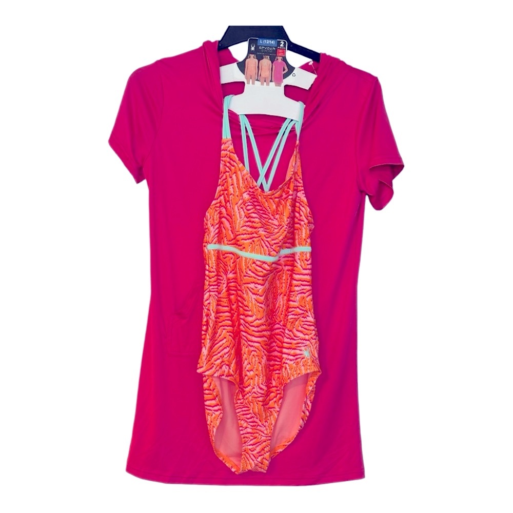 NWT Girls size L 12 14 Bathing suit set with cover-up one piece pink and orange